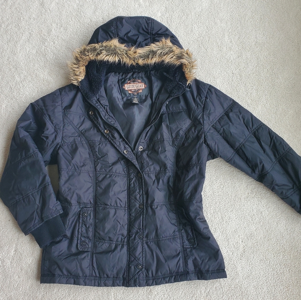 Guide Gear Women's Coat Black Hooded Jacket/Parka Faux Fur Hood Medium M Hooded